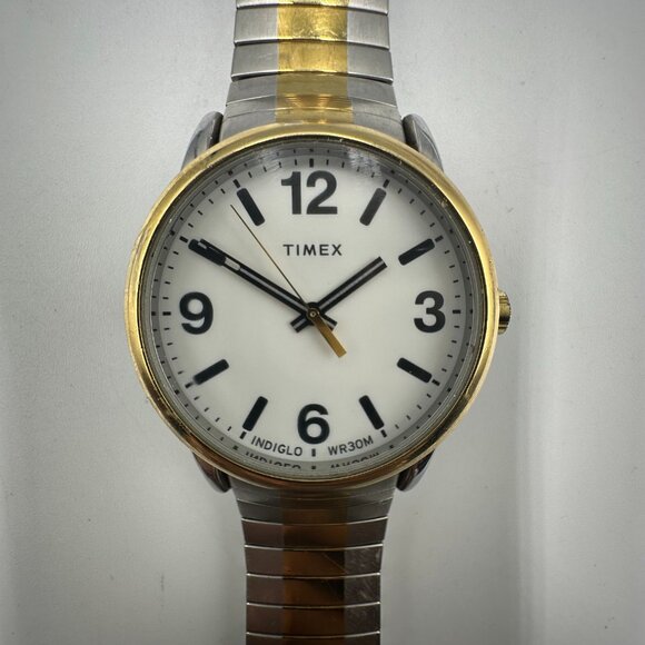 Timex Easy Reader Watch Men Silver Gold Two Tone BROKEN Stretch Band New Battery - Picture 2 of 8